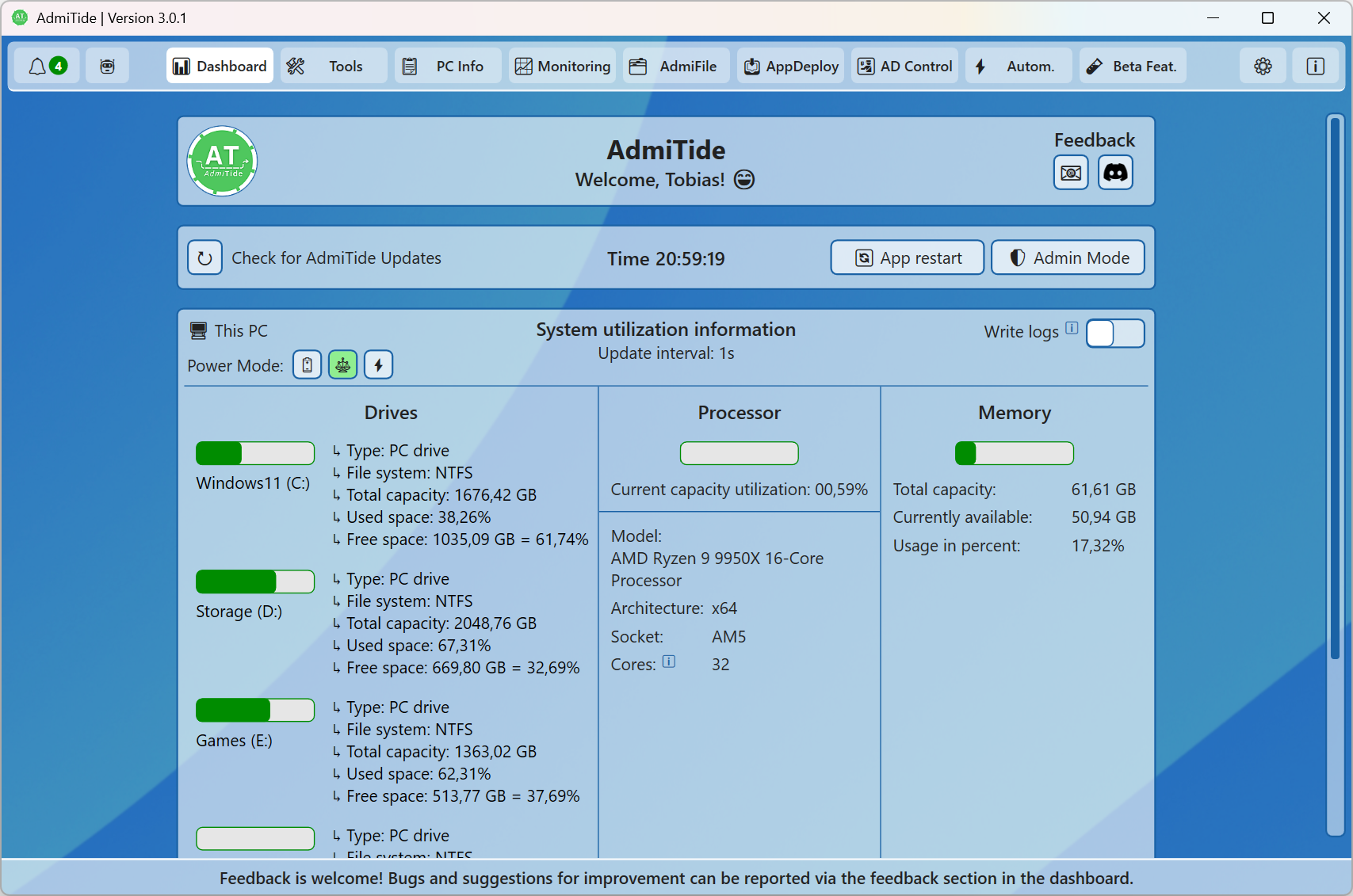 AdmiTide Screenshot Dashboard