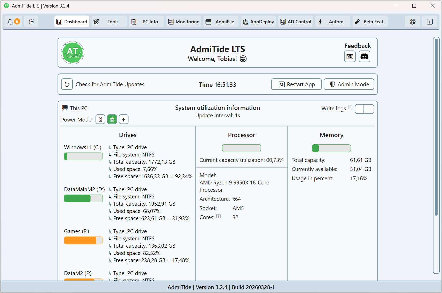 AdmiTide LTS Screenshot Dashboard